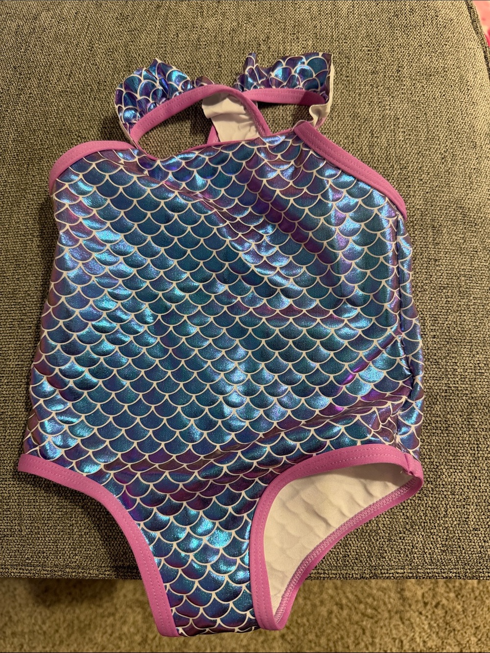 Pink Platinum Iridescent Mermaid-Scale One-Piece Swimsuit in Purple and Blue